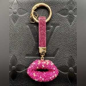 New Hot Pink & Iridescent Austrian Crystal Lips Purse Bag Charm Keychain - 5”
